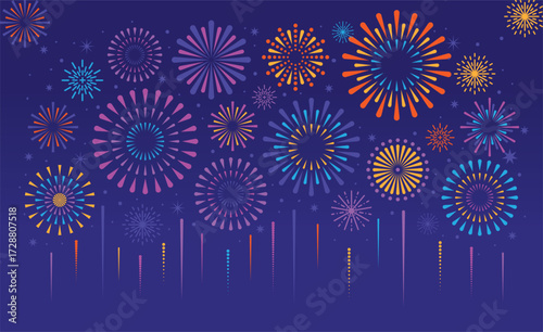 Festive colorful firework. Holiday fireworks and sparklers. Celebration party pyrotechnics firecracker explosion in dark sky with glitter and stars. Vector carnival composition