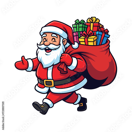 A cheerful cartoon illustration of Santa Claus joyfully carrying a large red sack filled with colorful gift boxes, ready for Christmas deliveries