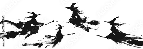 WebAsian brush painting of flying Halloween witches on broomsticks in ink style illustration