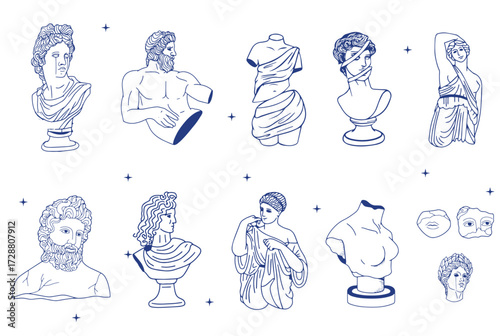 Ancient Greece and Rome set tradition and culture line art vector illustration