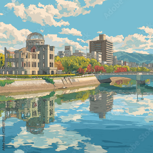 Cityscape of hiroshima, city of Japan, attractive touristic advertisement poster, beautiful touristic must-see destination. Beautiful tourist destination in Asia. Genbaku dome monument after the atomi
