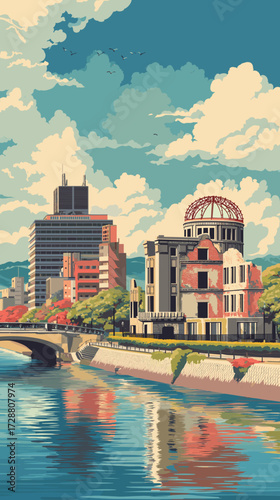 Cityscape of hiroshima, city of Japan, attractive touristic advertisement poster, beautiful touristic must-see destination. Beautiful tourist destination in Asia. Genbaku dome monument after the atomi