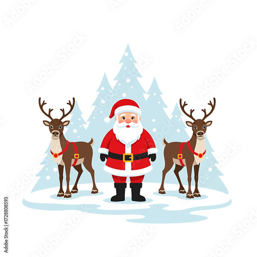 Santa Claus stands with two reindeer in front of snowy pine trees, a festive Christmas scene.