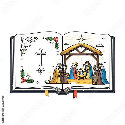 Open Bible illustration depicting the Nativity scene and Christian symbols.