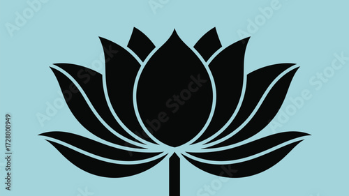 Elegant black lotus flower silhouette blooming against serene light blue background, symbolizing purity and enlightenment for mindful living