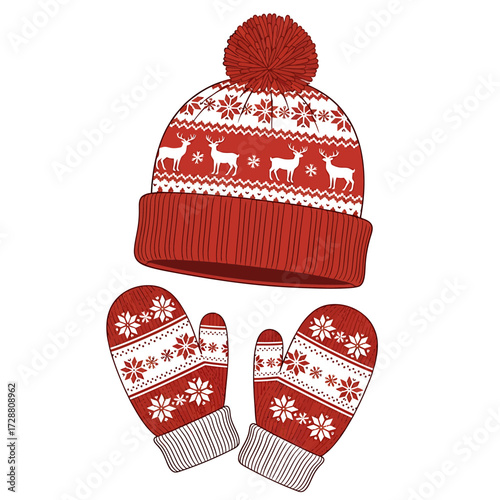 A red and white knitted winter set with a pom-pom beanie and matching mittens featuring a festive reindeer and snowflake pattern.