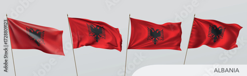 Set of Albania waving flag on isolated background vector illustration. 4 red Albania wavy realistic flag as a patriotic symbol
