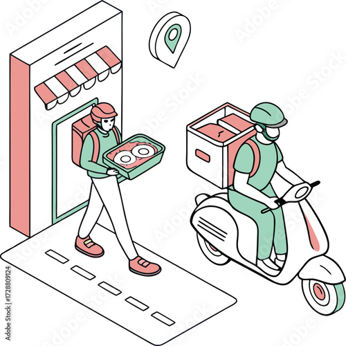 Fast food delivery service with courier on scooter and worker exiting store offers convenient online orders