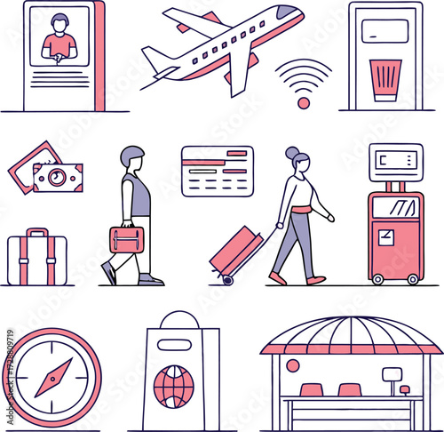 Travel essentials illustrated, showcasing airport navigation, flight details, and passenger journey elements for modern design projects