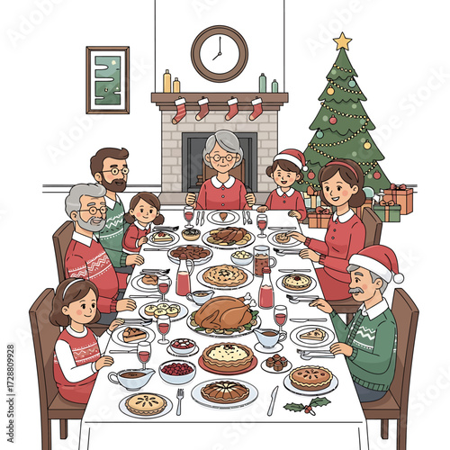 A family is gathered around a table for a Christmas dinner celebration.