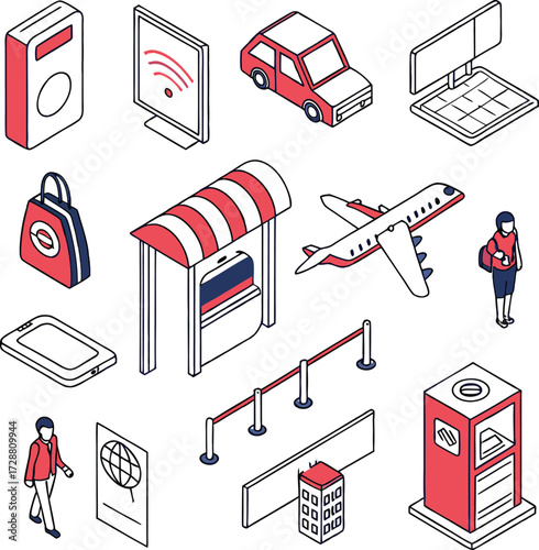 Isometric travel and technology icons create a modern, dynamic visual experience perfect for travel agencies, tech blogs, and innovative design concepts
