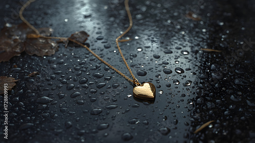 Gold Heart Necklace on Wet Surface with Raindrops