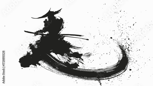 Abstract ink brush illustration of samurai warrior with sword in traditional Japanese sumi painting style