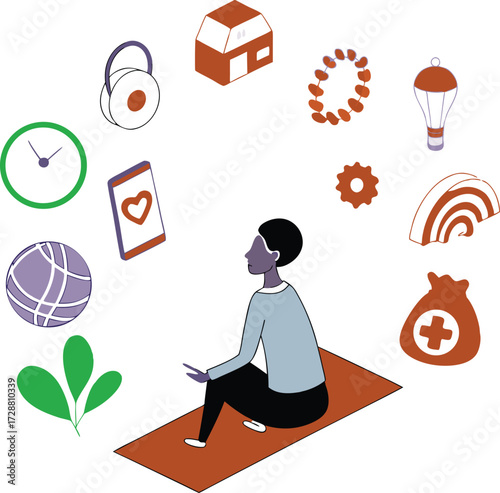 Mindful individual surrounded by diverse life elements, symbolizing holistic well-being and personal growth, perfect for wellness and lifestyle themes.