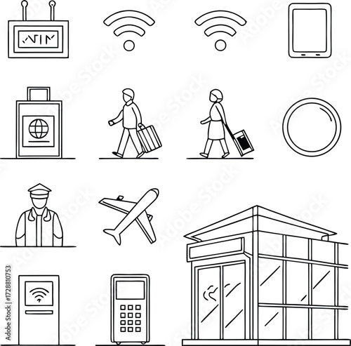 Dynamic airport travel icons representing essential services, connectivity, and passenger experiences for modern business needs