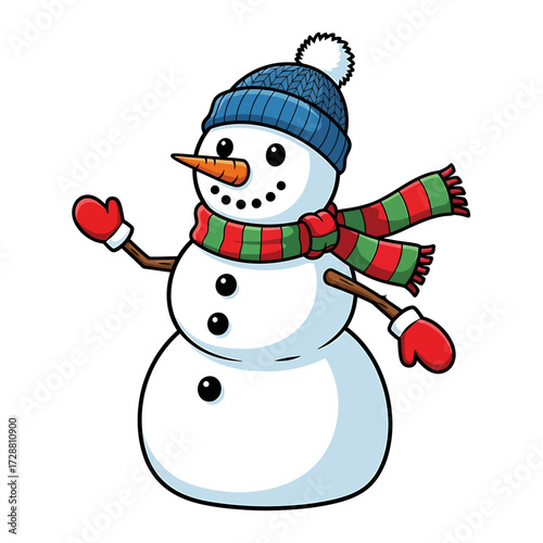 A cheerful cartoon snowman waving, wearing a blue winter hat with a pompom, red mittens, and a festive red and green striped scarf.