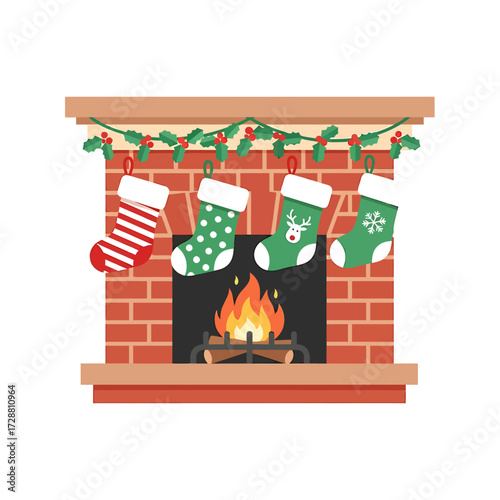 A cozy brick fireplace decorated with Christmas stockings and a festive garland, with a warm fire burning inside.