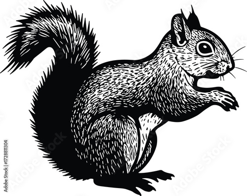  and white squirrel illustration, detailed wildlife drawing, vintage animal sketch, nature artwork, forest creature design, bushy tail rodent 
