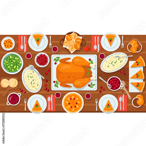 A beautifully set Thanksgiving dinner table laden with a roasted turkey, various side dishes, and pumpkin pies.