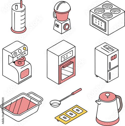 Modern kitchen appliances illustration set, perfect for culinary design, food blogs, recipe websites, and cooking-related projects with a clean aesthetic.