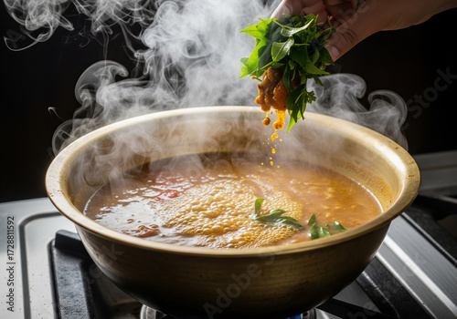 Adding Fresh Curry Leaves and Spices to Steaming Tamil Nadu Rasam in a Brass Pot