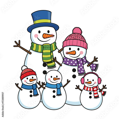 A happy snowman family with a father, mother, and three children, all dressed in winter hats and scarves.