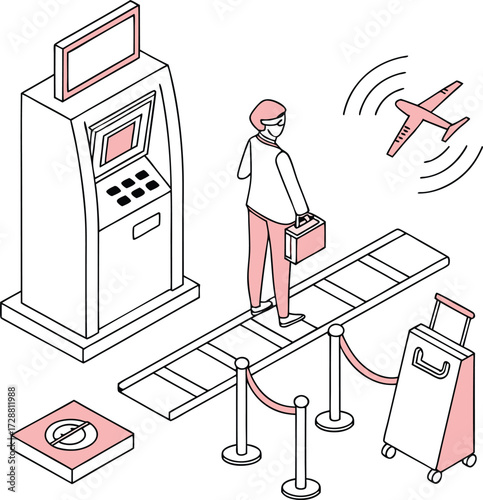 Traveler confidently navigates airport check-in, ready for departure with suitcase and boarding pass, anticipating exciting adventures.