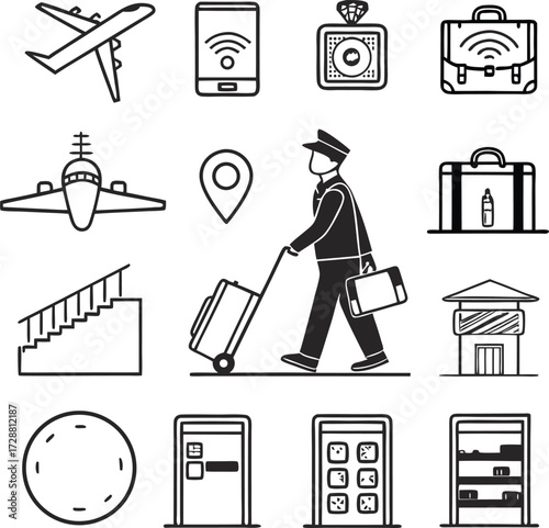 Airline pilot navigating airport with luggage, passport control, travel icons, perfect for business trips and international adventures