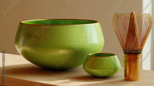 Traditional Japanese Matcha Tea Ceremony Tools and Green Chawan Bowls