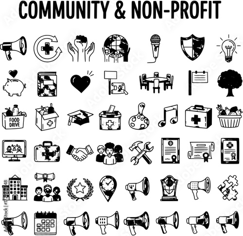 Community and non-profit themed hand-drawn doodle icon set. Vector illustrations for charity, volunteering, and social support.