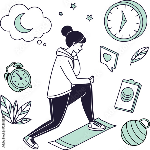Young woman confidently performing a lunge exercise on a yoga mat, surrounded by symbols of health, time, and dreams.