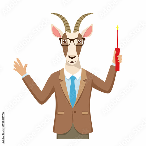 A goat wearing a jacket and glasses leading a corporate seminar with a laser pointer.