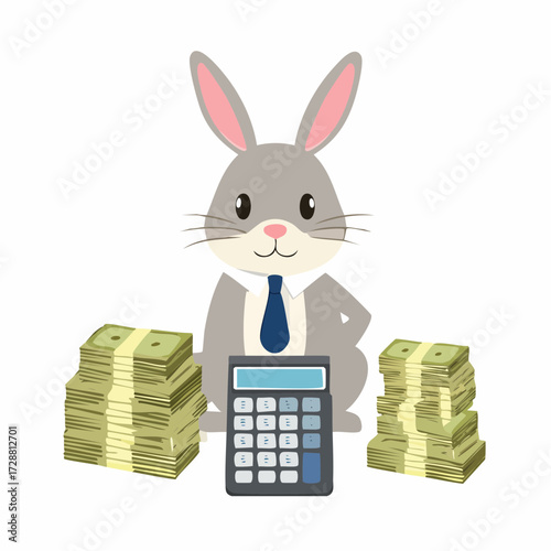 A rabbit wearing a tie typing on a calculator beside stacks of fake money and receipts.