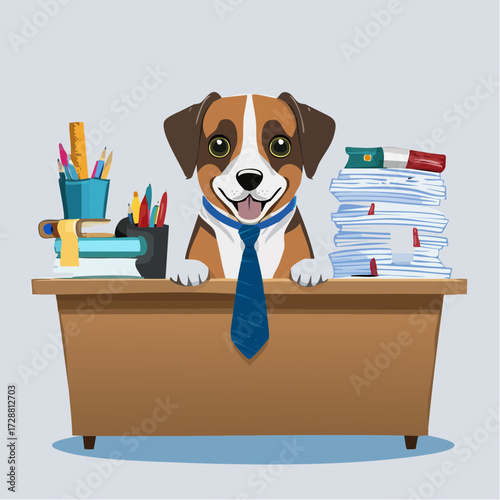 A dog wearing a tie sitting behind a desk covered in important-looking papers and pens.