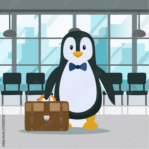 A penguin in a bow tie walking into a boardroom carrying a briefcase.