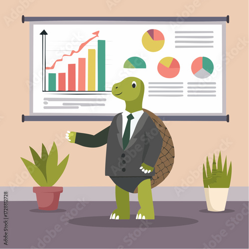 A turtle in a tiny suit giving a slow presentation in front of a graph-filled screen.