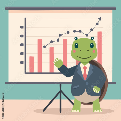 A turtle in a tiny suit giving a slow presentation in front of a graph-filled screen.