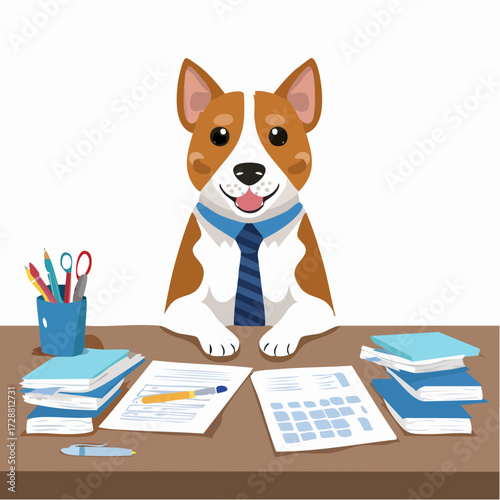 A dog wearing a tie sitting behind a desk covered in important-looking papers and pens.