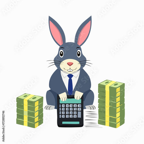 A rabbit wearing a tie typing on a calculator beside stacks of fake money and receipts.