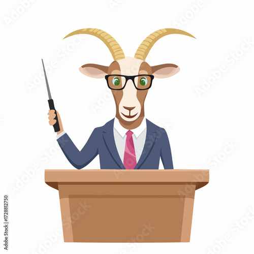 A goat wearing a jacket and glasses leading a corporate seminar with a laser pointer.