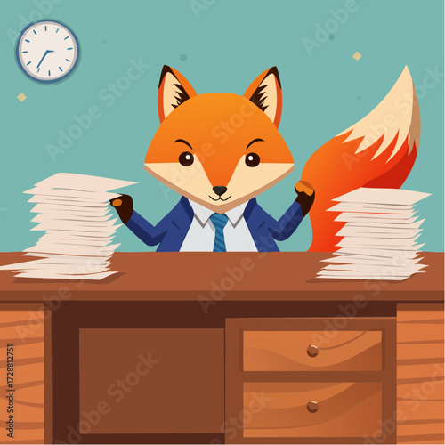 A fox in a tie flipping through a stack of fake contracts on a mahogany desk.
