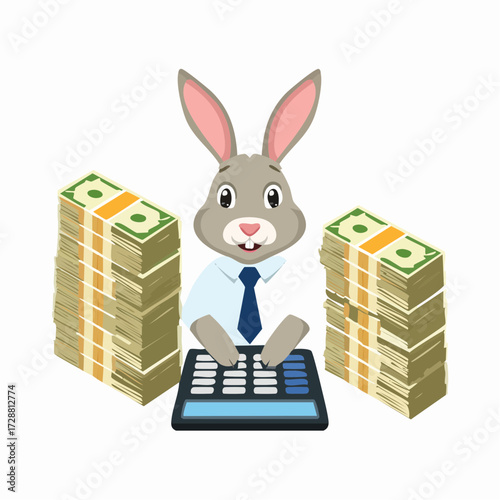 A rabbit wearing a tie typing on a calculator beside stacks of fake money and receipts.