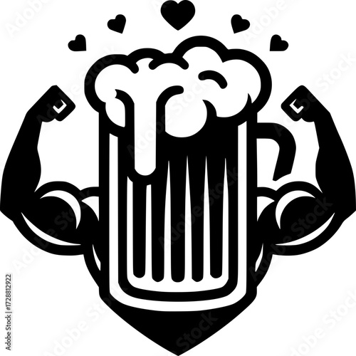 Strong Beer Love: A bold illustration showcasing a powerful pint of beer, accentuated by flexed biceps and floating hearts, creating an amusing depiction of beer affection.
