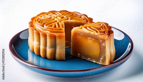 closeup of a cut mooncake on a blue plate