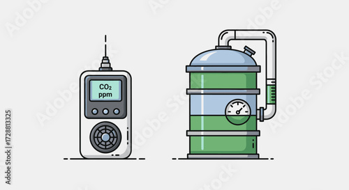 CO2 Measurement Device and Gas Cylinder in Industrial Setting | Technology, Science, Graphic Illustration