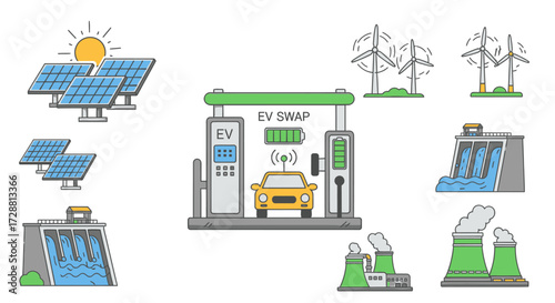 Renewable Energy Solutions, Urban Environment, Illustration, Eco-Friendly Technology, Modern Design