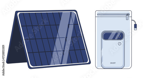 Solar Power System, Portable Charger, Modern Home, Illustration, Bright Environment, Side View, Sustainable Energy Concept