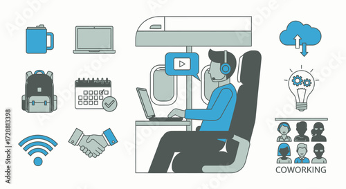 Remote Work, Freelancer, Airplane, Digital Illustration, Modern Environment, Side View, Efficient Productivity