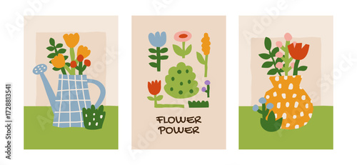Bright, colorful modern abstract vector posters set. Minimalistic flowers and plants in a watering can and vase. Home decor Flower Market wall art collection.