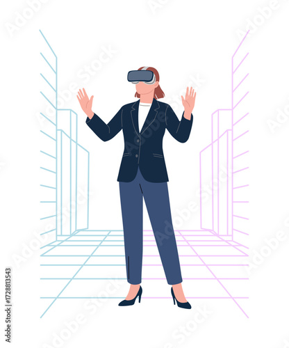 Business woman in suit and heels wearing VR headset, standing full length with arms raised. Virtual net city sketch background. Flat vector illustration of futuristic technology concept